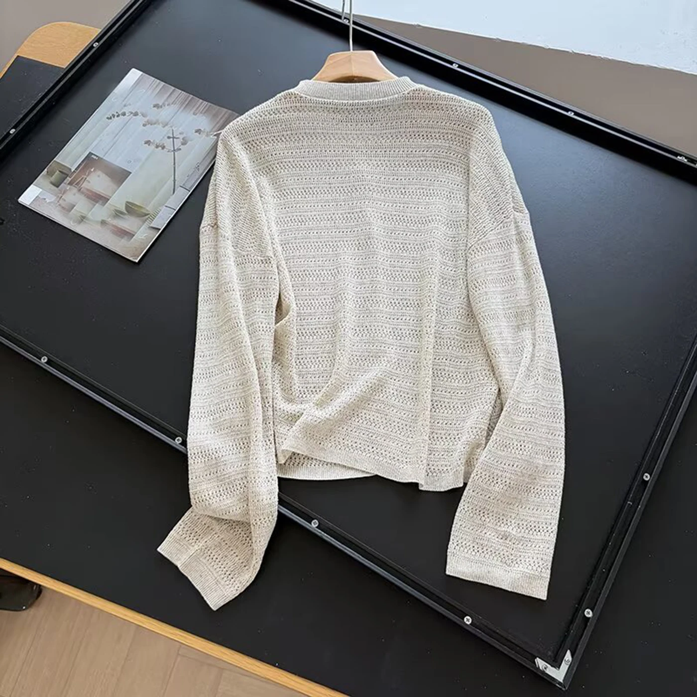 Soft Style Women's Knitted Hollow out round Neck Sweater Light Beige Open Cardigan Long Sleeve Comfortable Feel Spring Summer