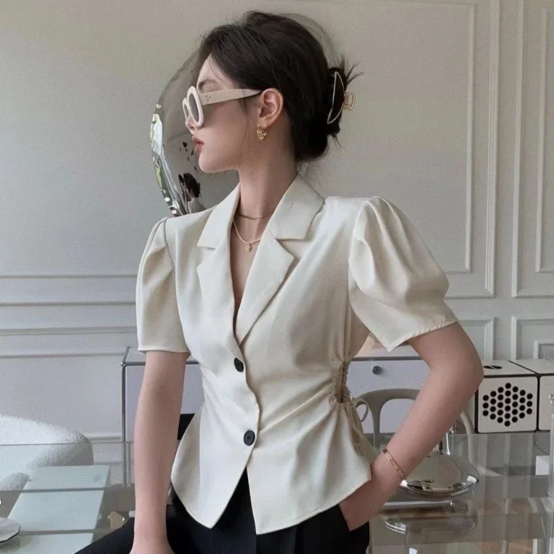 Blazer Frauen Kurzarm Chic Raffen Vintage Sommer Französisch Stil Temperament Mode Büro Damen Einfache Casual Ulzzang Ins