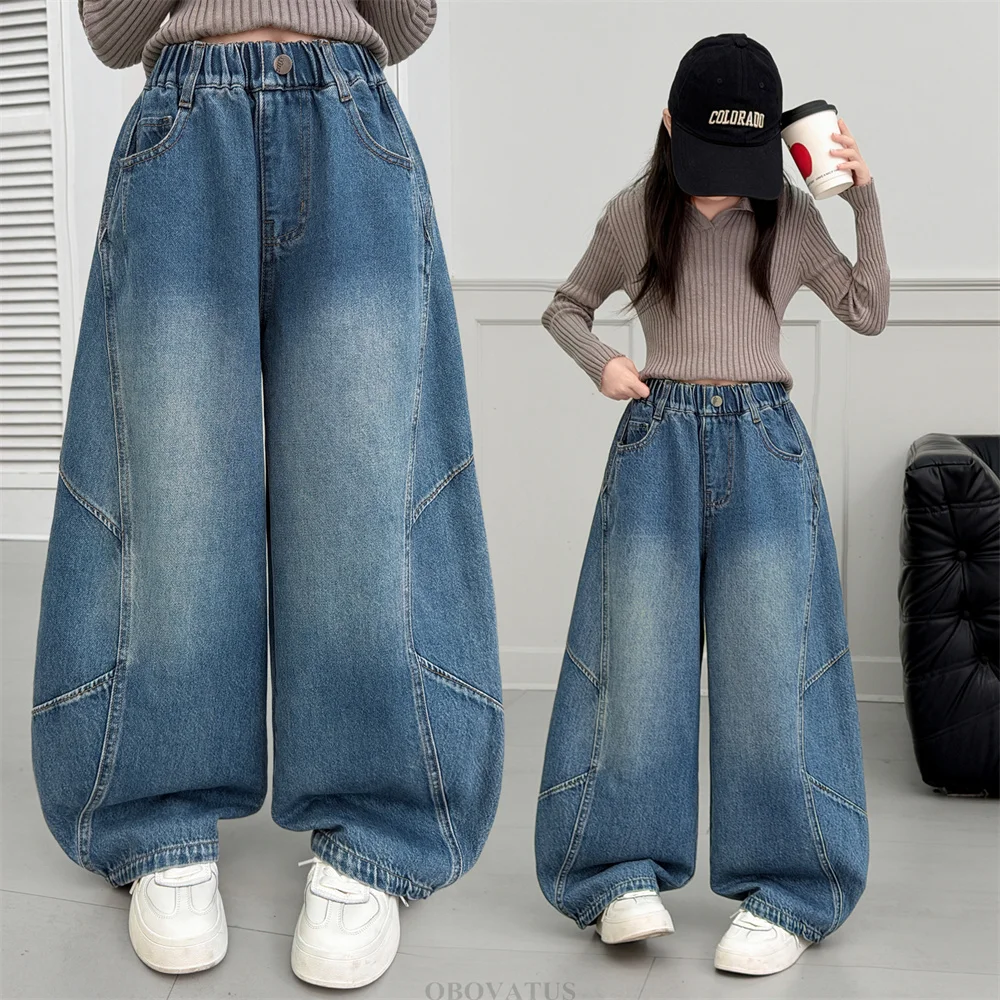 Stylish Children Autumn Streetwear Baggy Jeans For Teen Girls Fashion Wide Leg Patchwork Denim Pants Kids Casual Loose Trousers