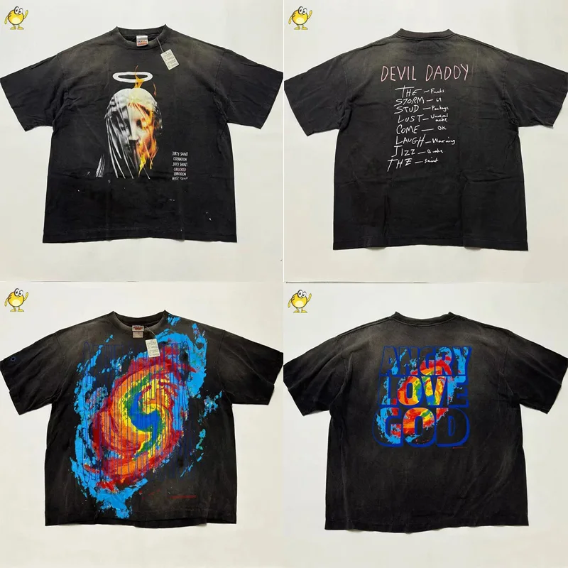 Camiseta de gran tamaño de buena calidad para hombre y mujer, ropa de calle Saint, camiseta Vintage lavada de Hip Hop, camiseta de manga corta, Top holgado de verano