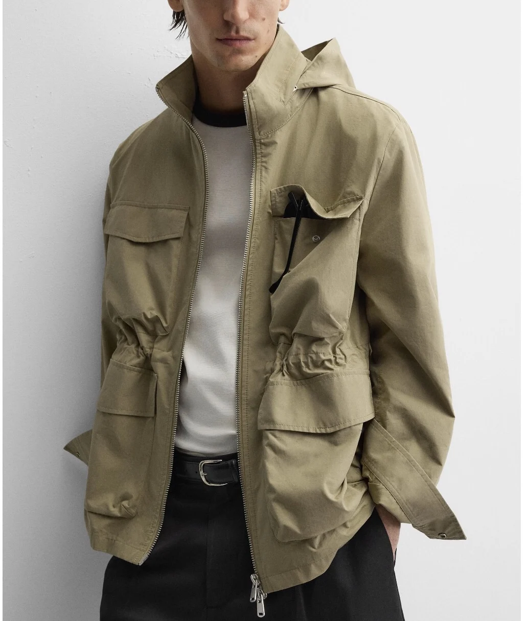 

Spring Workwear Style Men's Jacket Coat Multi-Pocket Hooded Parka Original Goods Casual Loose Fit Long Sleeve Zipper Pure Color