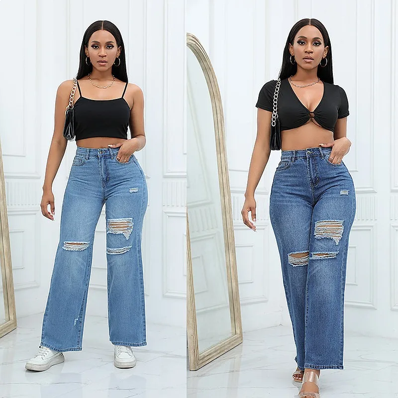 Wide Leg Jeans Ripped Denim Pants Women High Quality Casual Trousers Spring Summer Loose Fit Denim Jeans