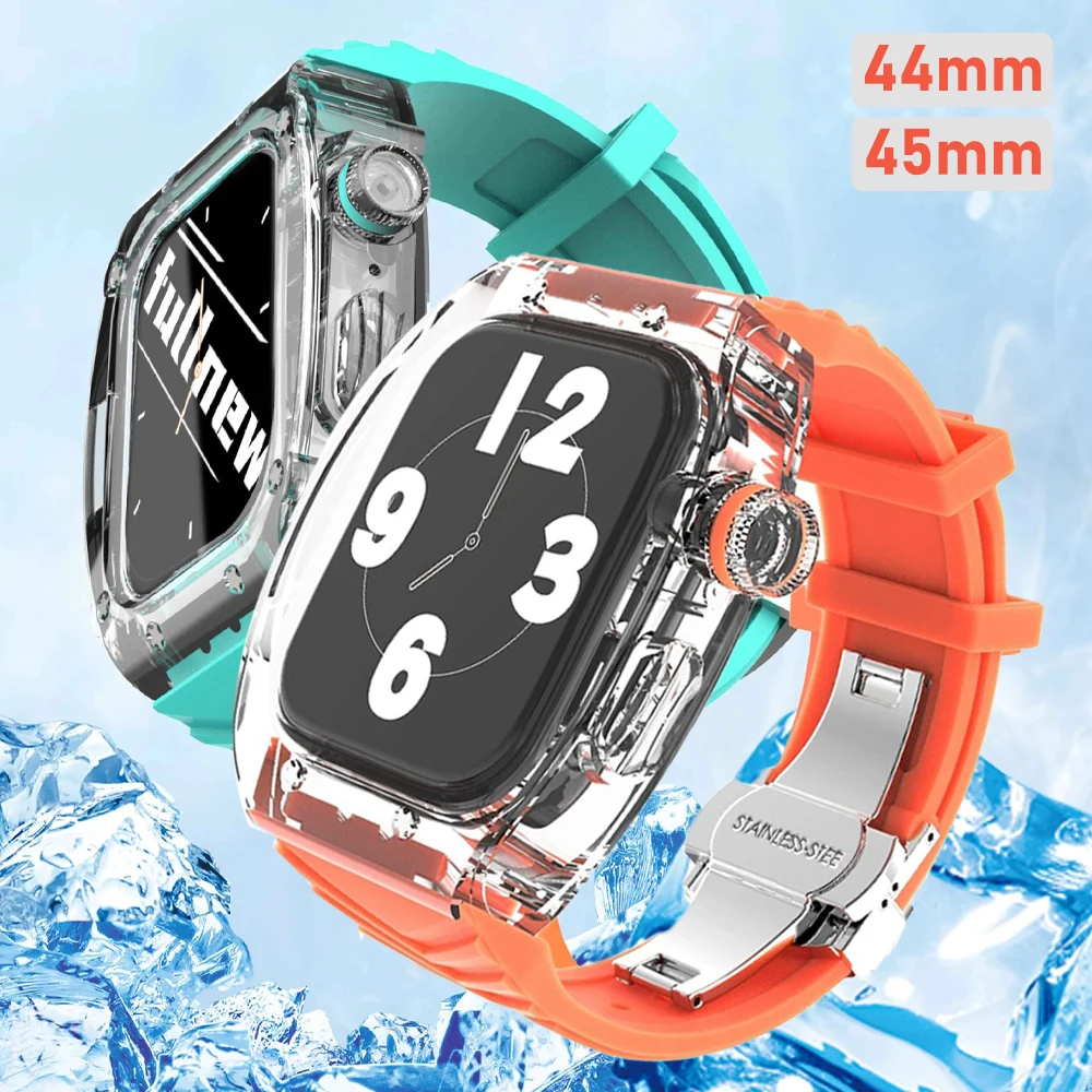 Luxury Transparent Sports Case For Apple Watch 8 7 45mm 44mm Rubber Strap for iWatch 8 7 6 se 5 4 Modification Kit Frame Cover