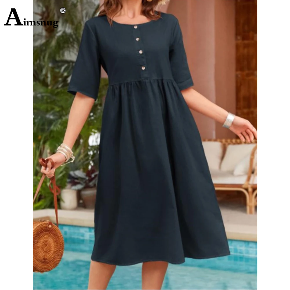 2023 Women Half Sleeve Elegant Mid-Calf Dress Large Big Womens Casual Linen Dresses Female Buttons Up Dress Clothing 4xl 5xl