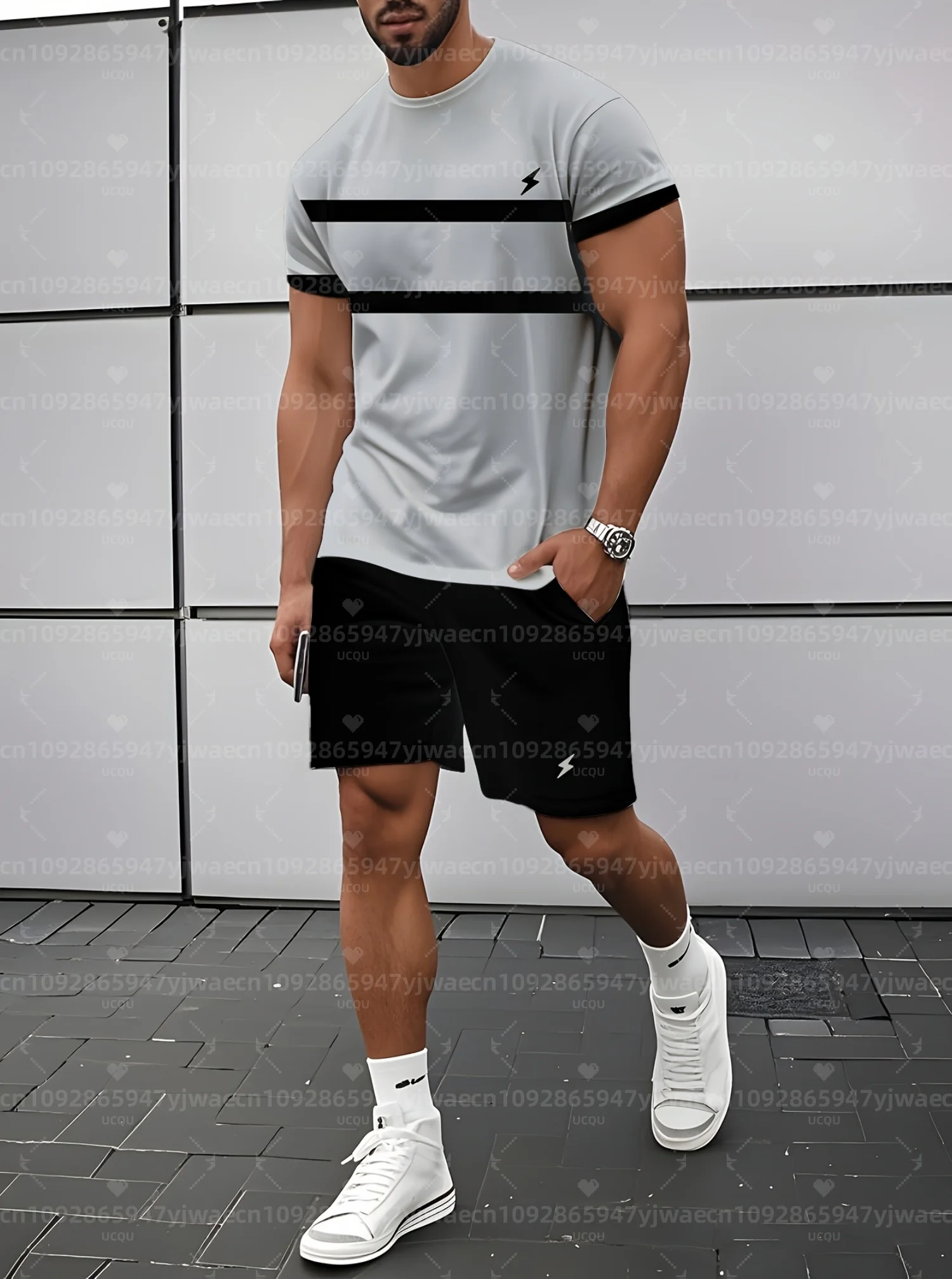 

2pcs set 3D lightning print Mens Sports St-Shirt Shorts Set Adult Men Jogging Plus Size Homme Tracksuit 2 Piece Set