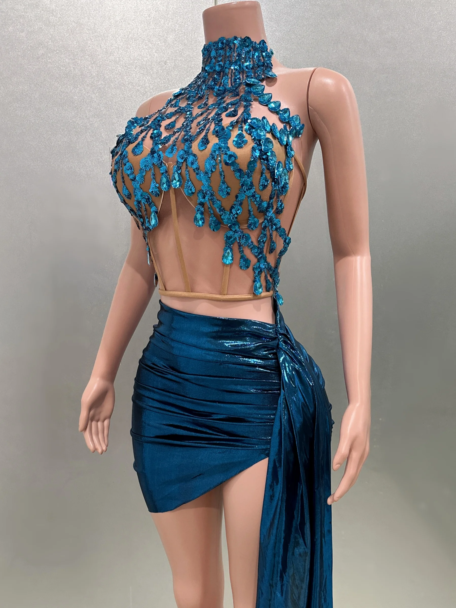 호수색 라인스톤 스팽글 섹시 시스루 탑 시스루 드레스 2피스 세트 이브닝 파티 드레스 바 나이트클럽 가수 댄서 무대 의상