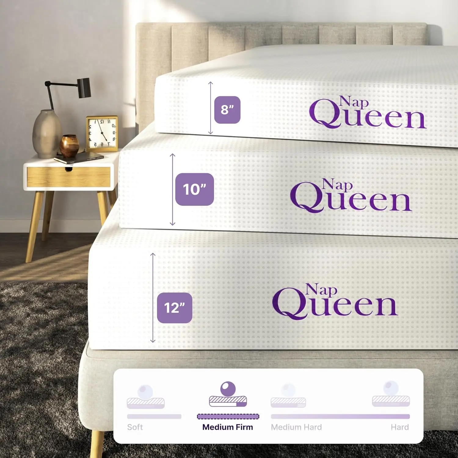 Colchón tamaño Queen de 10 pulgadas, colchón de espuma viscoelástica de carbón de bambú, cama en una caja, blanco