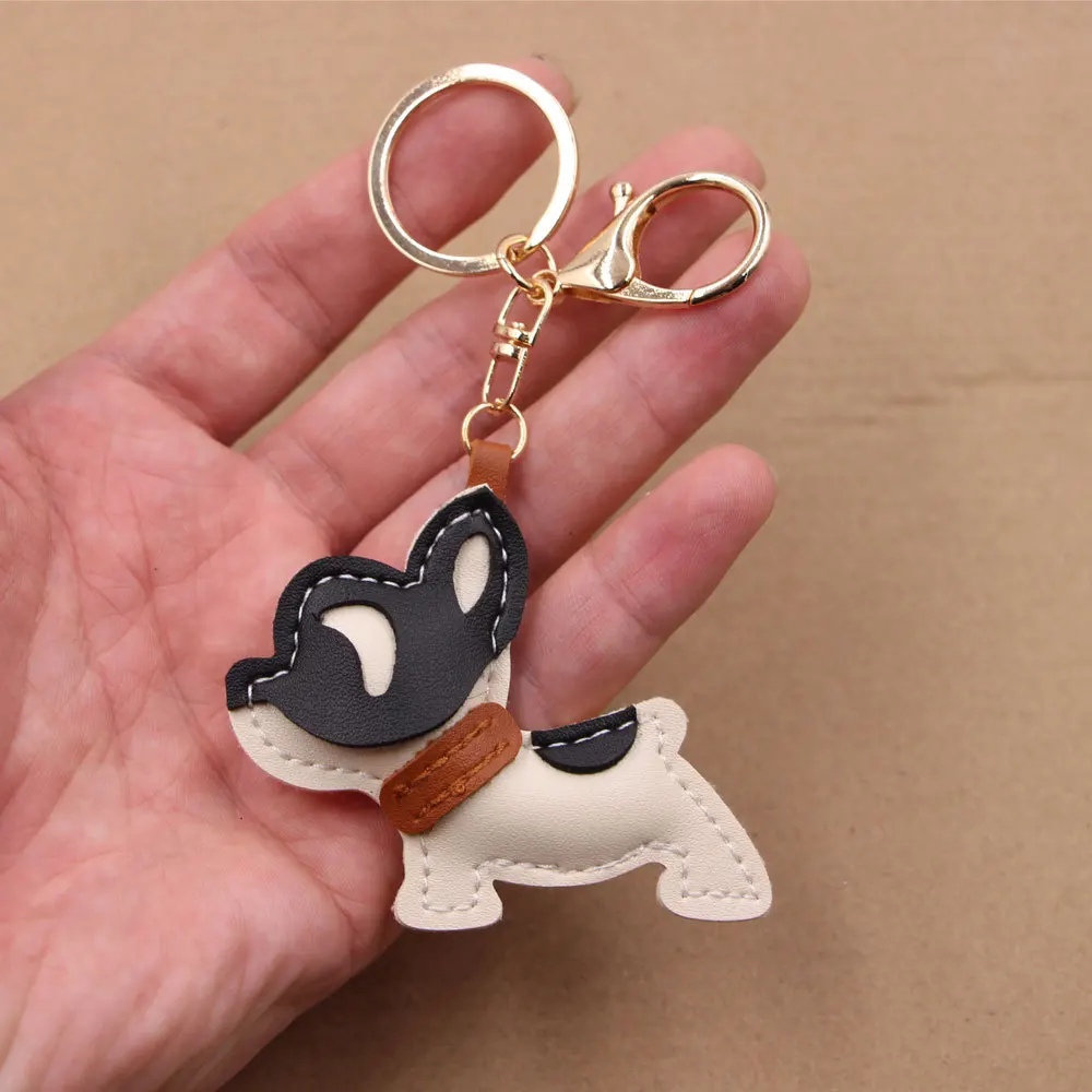 Kawaii French Bulldog Keychain PU Leather Puppy Dog Keyring Creative Bag Charm Pendant For Women Kids Cute Jewelry Accessories