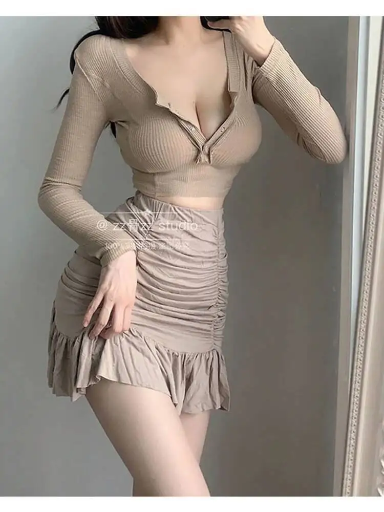 WOMENGAGA bricolage Mini robe élégante Super chaude Sexy gros seins fille femme bouton mince t-shirt col en v doux coréen femmes court JK mignon A5ZE