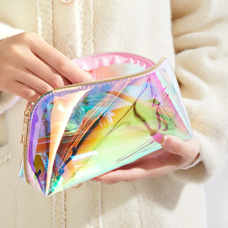 (1pcs)Korean Laser TPU Shell Makeup Bag Transparent Waterproof Dazzling Colorful Wash Bag Change Lipstick Storage Bag