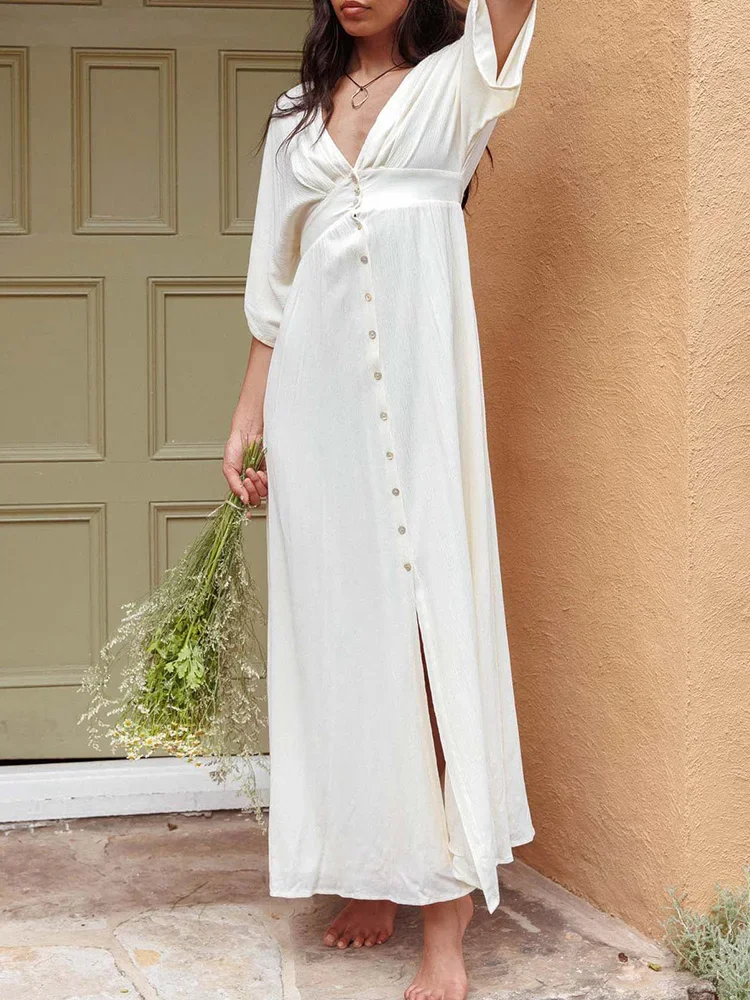 

2024 White Single-Breasted Loungewear Dress, Women Spring Summer Simple Half Sleeve Maxi Dress, Deep V-Neck Elegant Ladies Dress