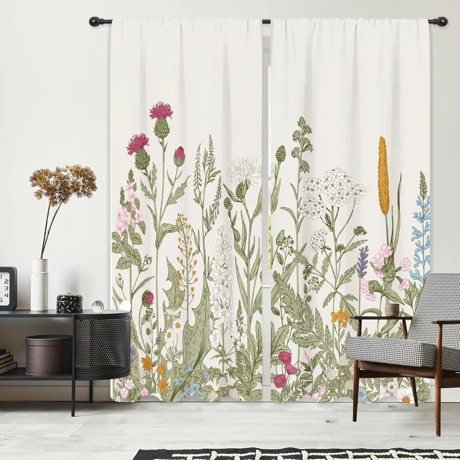 ستائر الزهور البرية الأزهار الخضراء يترك النباتية المطبوعة قضيب جيب الفني نبات زهرة برية اللبلاب الأعشاب غرفة المعيشة ريفي