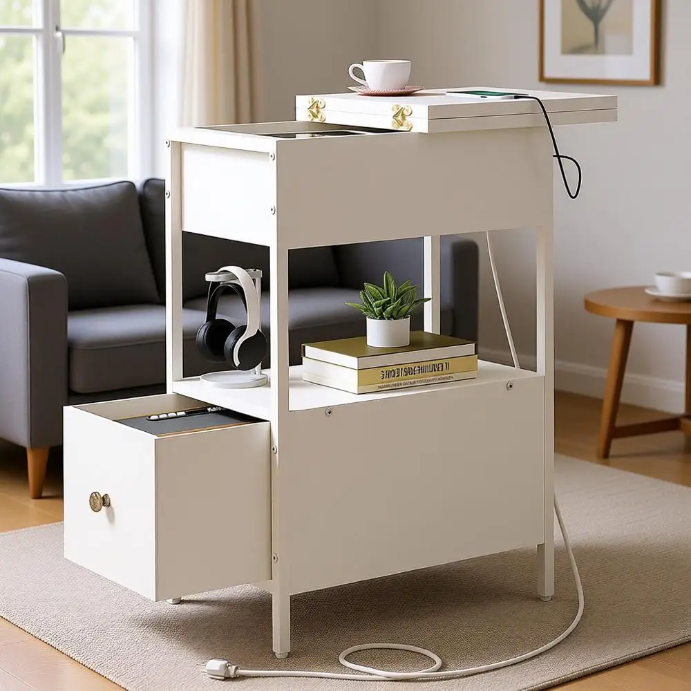 

White Charging Station End Table for Small Spaces, Ideal for Bedrooms and Living Rooms