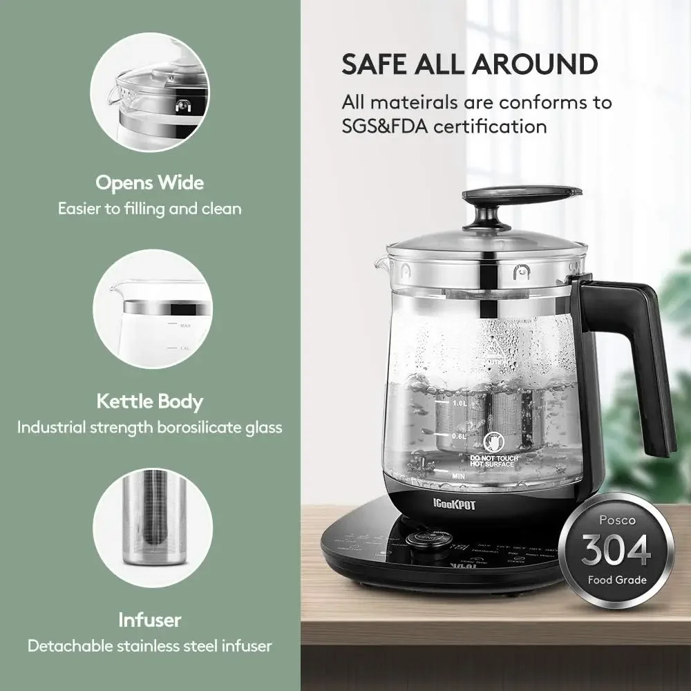 Kettle Temperature Control Glass Tea Kettle Programmable Control Tea Pot, 2 Liter Stainless Steel Tea Maker & Coffee Ke