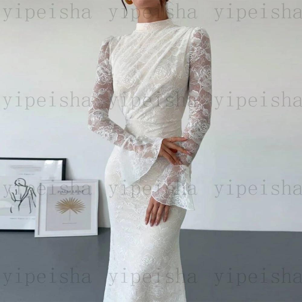 Abiti da sera personalizzati con collo alto e maniche lunghe alla caviglia, abito da ballo lungo in pizzo squisito, abito da festa moderno per signora