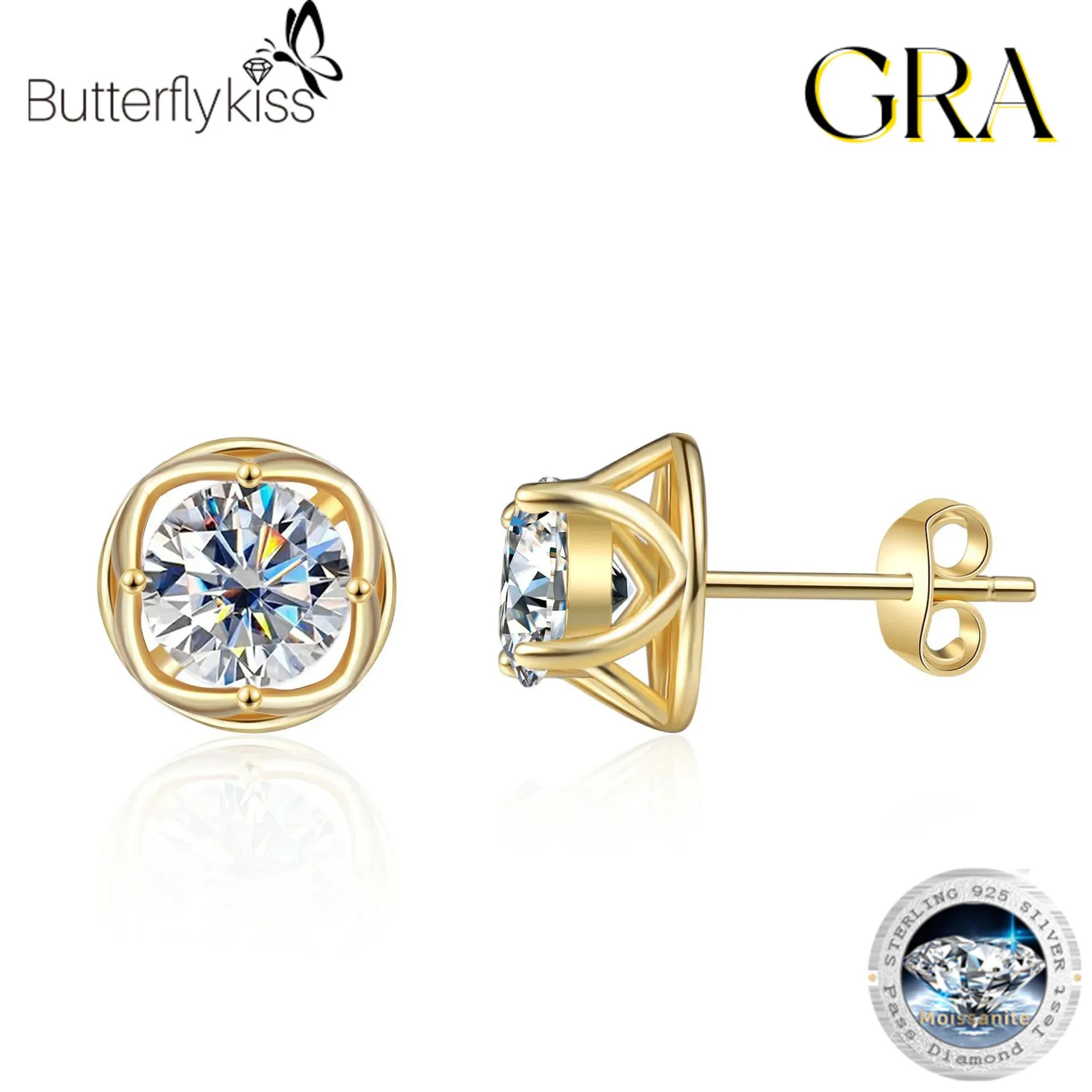 Butterflykiss Round Moissanite Earrings Total 2CT 100% Sterling Silver Ear Studs For Woman Birthday Gift Plated 18K Gold Jewelry
