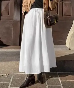 

White Cotton & Linen A-Line Skirt Female Loose High Waist Skirt 2025 Spring Personalized Street Women's Fashion New Long Skirts