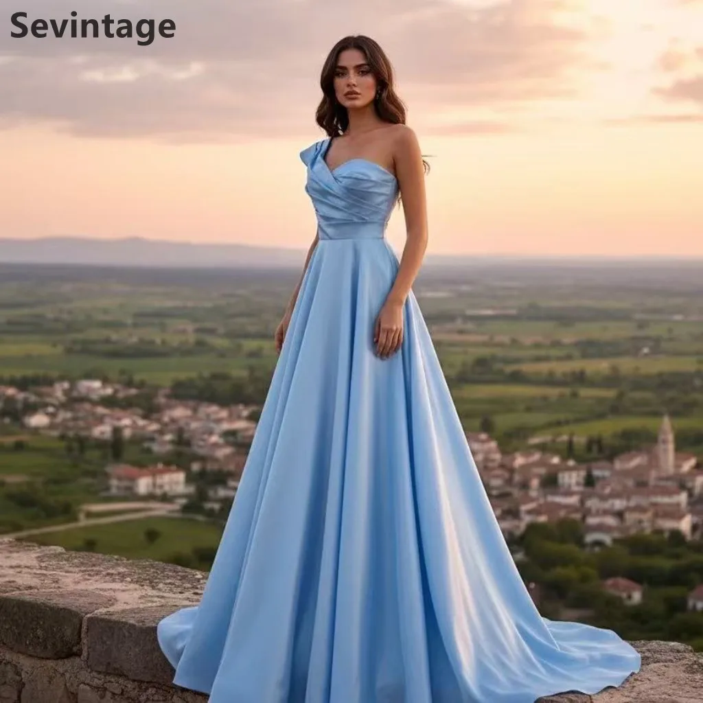 فستان سهرة طويل من Sevintage 2025 باللون الأزرق السماوي على شكل حرف A من الساتان بكتف واحد فستان حفلات لحفلات الزفاف مخصص