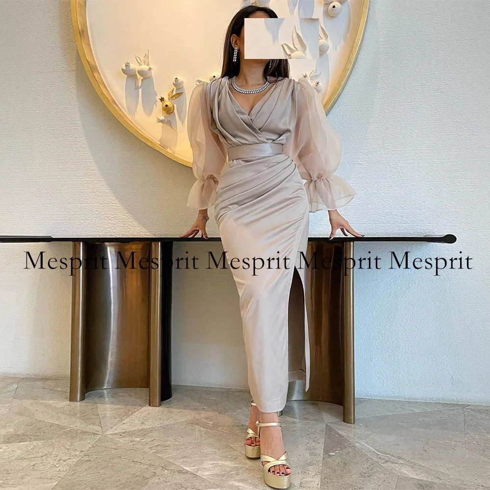 

Simple V Neck Mermaid Evening Dress Puff Sleeves Pleat Ankle Length Dubai Party Gown Saudi Arabian Satin Cocktail Dresses