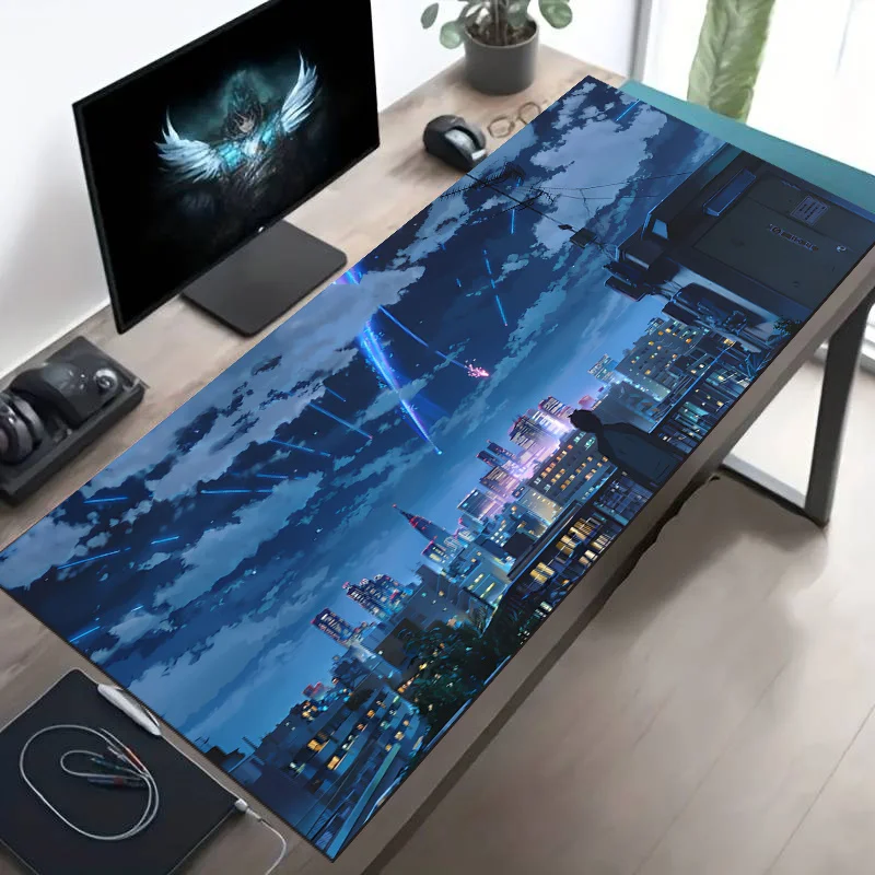 Anime Night City Skyline Gaming Mouse Pad, Large Extended Non-Slip Desk Mat with Meteor Shower Design for Gamers & Home Office