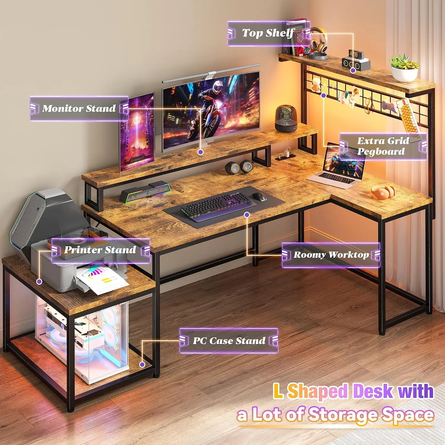 L Shaped Gaming Desk With LED Lights & Power Outlets, Brown, Customized