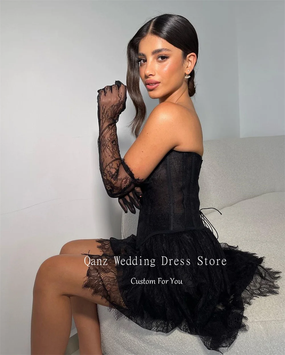 Qanz Black Lace Prom Dresses Appliques Corset Back Vestidos De Gala Short A Line No Gloves Birthday Dresses Luxury Customized