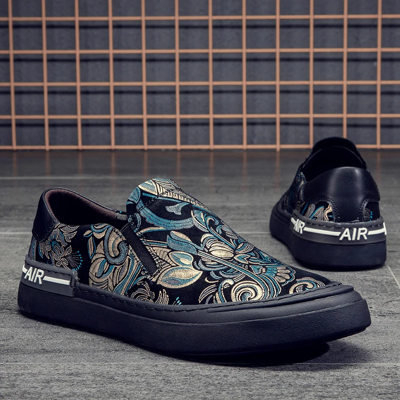 Sapato preguiçoso de couro masculino, sapato de feijão casual, slip-on de topo baixo, moda peônia personalizada, fabricado na China