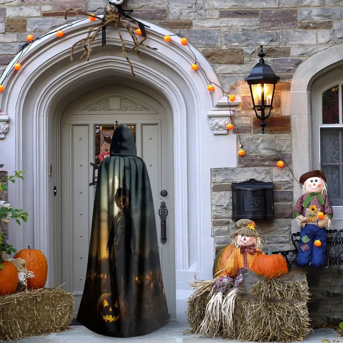 هالوين اليقطين الفزاعة طويلة مقنعين عباءة الساحرة القرون الوسطى زي تأثيري كيب HalloweenParty الكبار للجنسين
