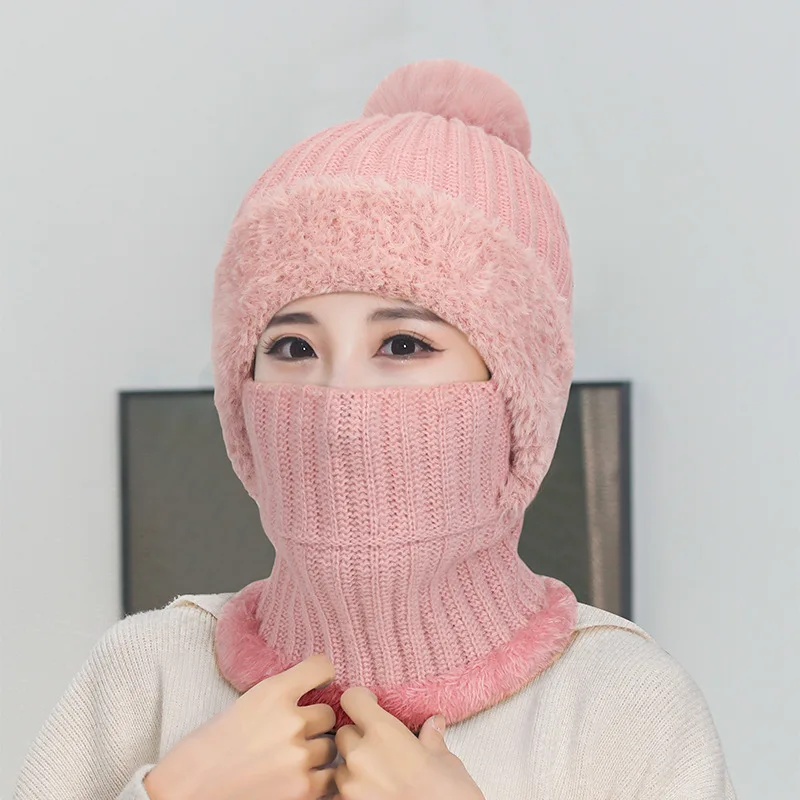 New High Elasticity Solid Color Knitted Scarf Mask One-piece Hat for Women's Winter Cycling Windproof and Warm One-piece Hat