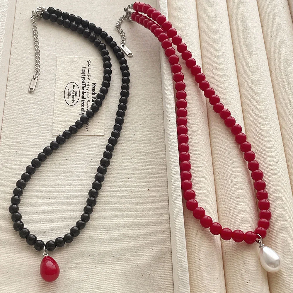 

Baroque Pearl Waterdrop Pendant Necklace for Women Red Black Imitation Agate Beaded Choker Necklaces Vintage Jewelry Gifts