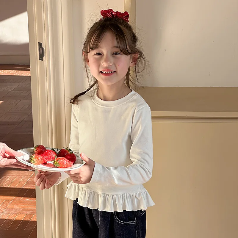 

Sweet Long Sleeved T-shirt for Girls 2025 Spring New Korean Fashion Solid Color All-match Splicing Lace Undershirt
