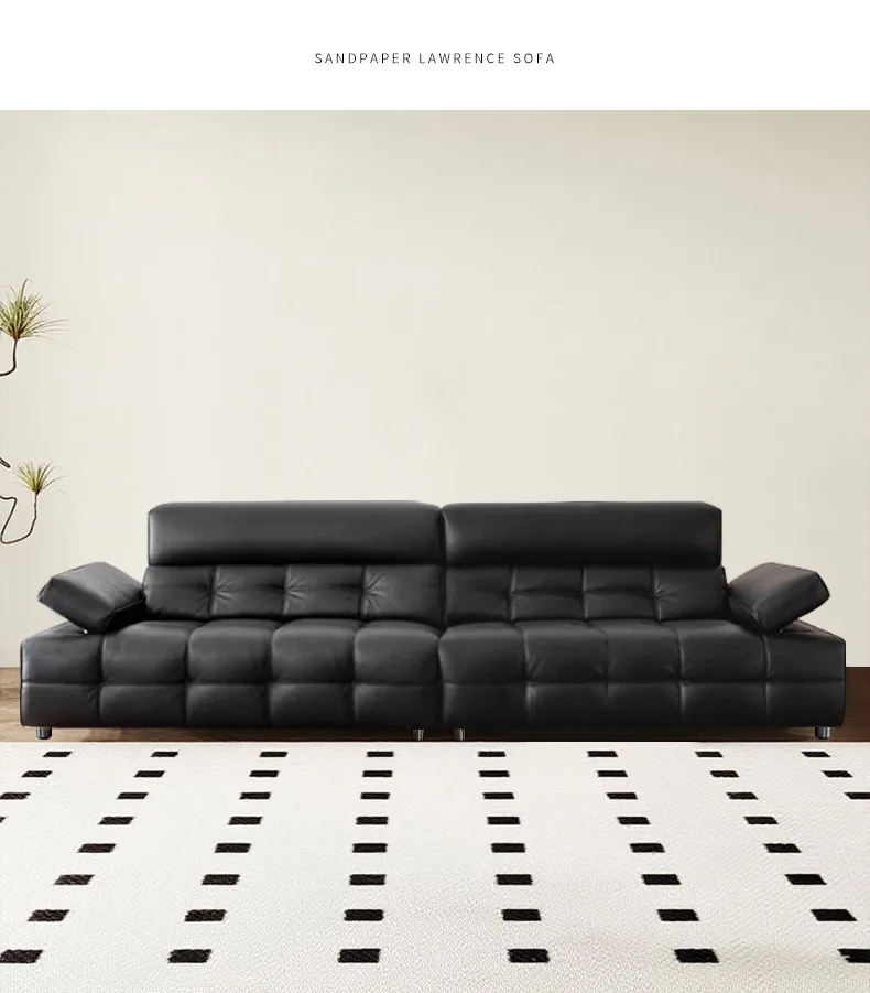 Кожаный диван первого слоя из воловьей кожи с высокой спинкой, прямой ряд, маленькая квартира, минималистичный светлый роскошный элитный черный диван