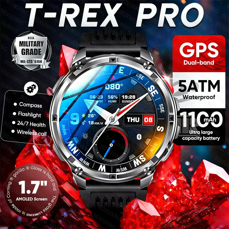 

2026 New T-Rex3 Pro 1100mAh Battery Smart Watch GPS path 5ATM Waterproof Sports Run tracker Outdoors Compass Military Smartwatch