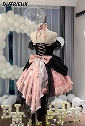 Black Pink Color-Blocking Flower Lolita off-Shoulder Halter Dress Sweet Cute Girl Heavy Industry Puffy Trailing Princess Dresses