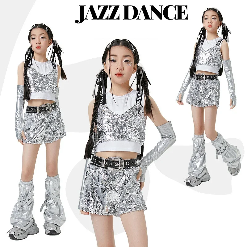 

Kids Cool Hip Hop Clothing Street Wear Girls Sequins Jazz Dance Costume Cheerleading Stage Performance Kpop Outfit