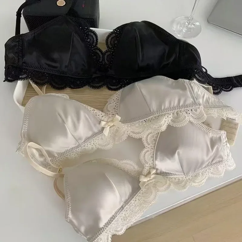 Estilo coreano triângulo copo arco sutiã de renda para mulheres pequeno peito cetim roupa interior doce menina respirável confortável sutiã macio lingerie