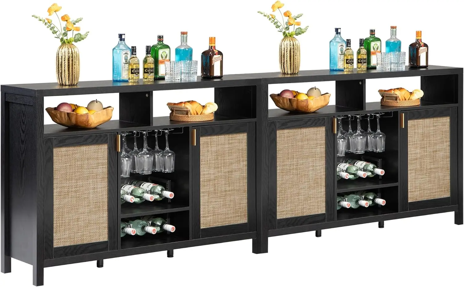 

2PC Rattan Coffee Bar Cabinet, 102" Sideboard Buffet Cabinet w/Storage, Modern Liquor Wine Cabinet Credenza Console Buffet Table