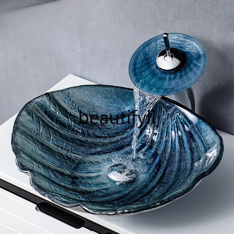 

ss Bathroom tempered glass art wash basin personalized sea shell platform basin European simple abstract washbasin
