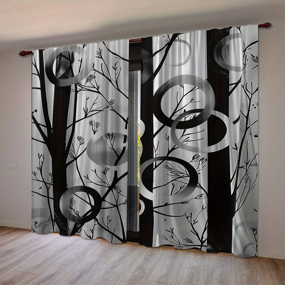 2pcs Tree Branch Curtains Black White Silver Circle Abstract Nature Print Drape Modern Living Room Window Treatment Minimalist