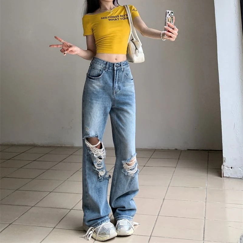 レディーススタイリッシュなワイドレッグサマージーンズフレアボトムスデニムパンツヴィンテージ風のデザインハイウエスト痩身効果パンツ