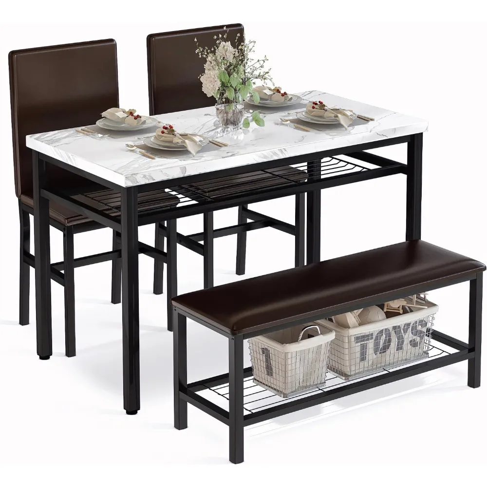 Dining Table Set for 4 with Bench and Chairs,Faux Mable Small Kitchen Table and Chairs for 4 w/Storage Rack, Dining Room Table