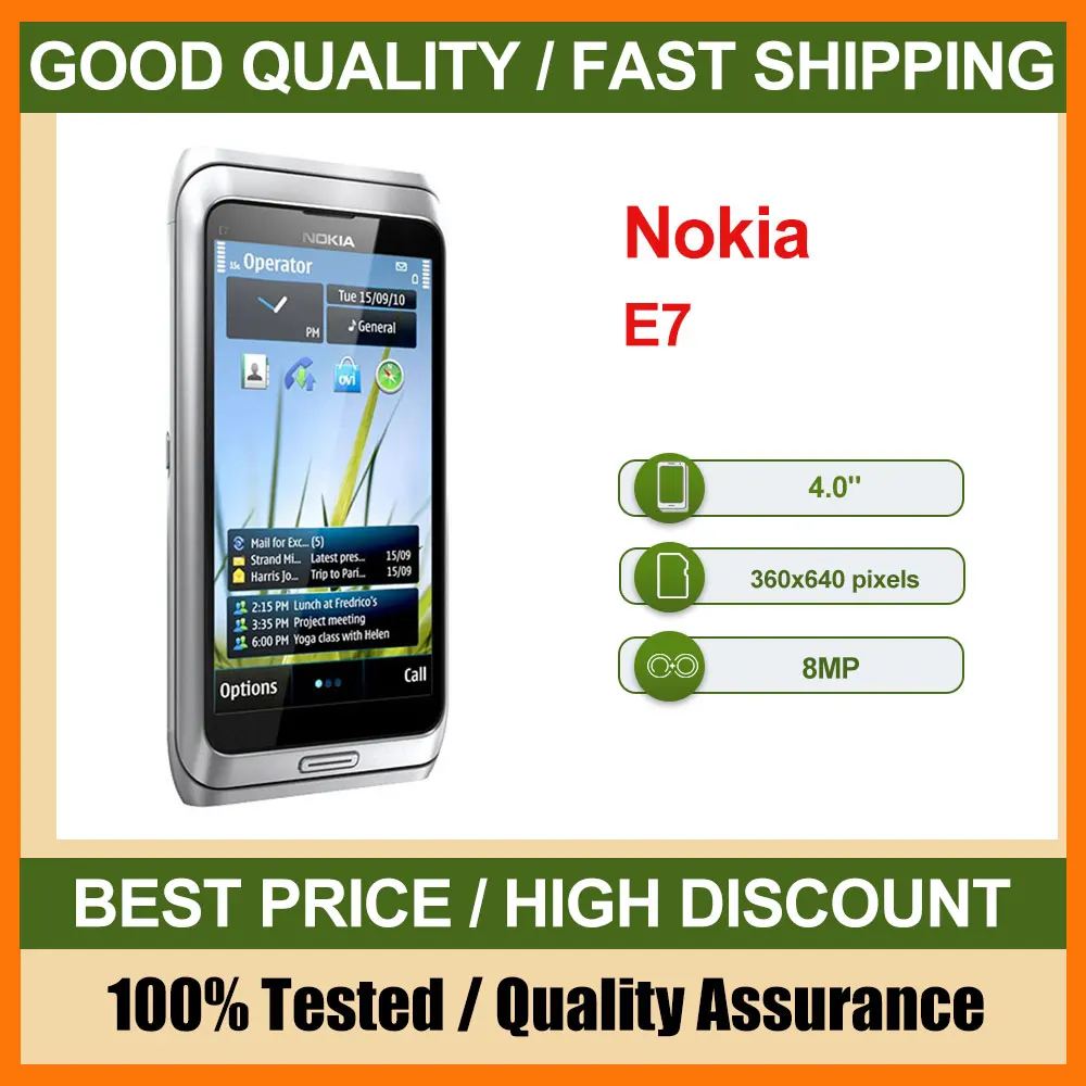 هاتف Nokia E7 الأصلي مصنوع في فنلندا يدعم اللغة الإنجليزية بحالة جيدة