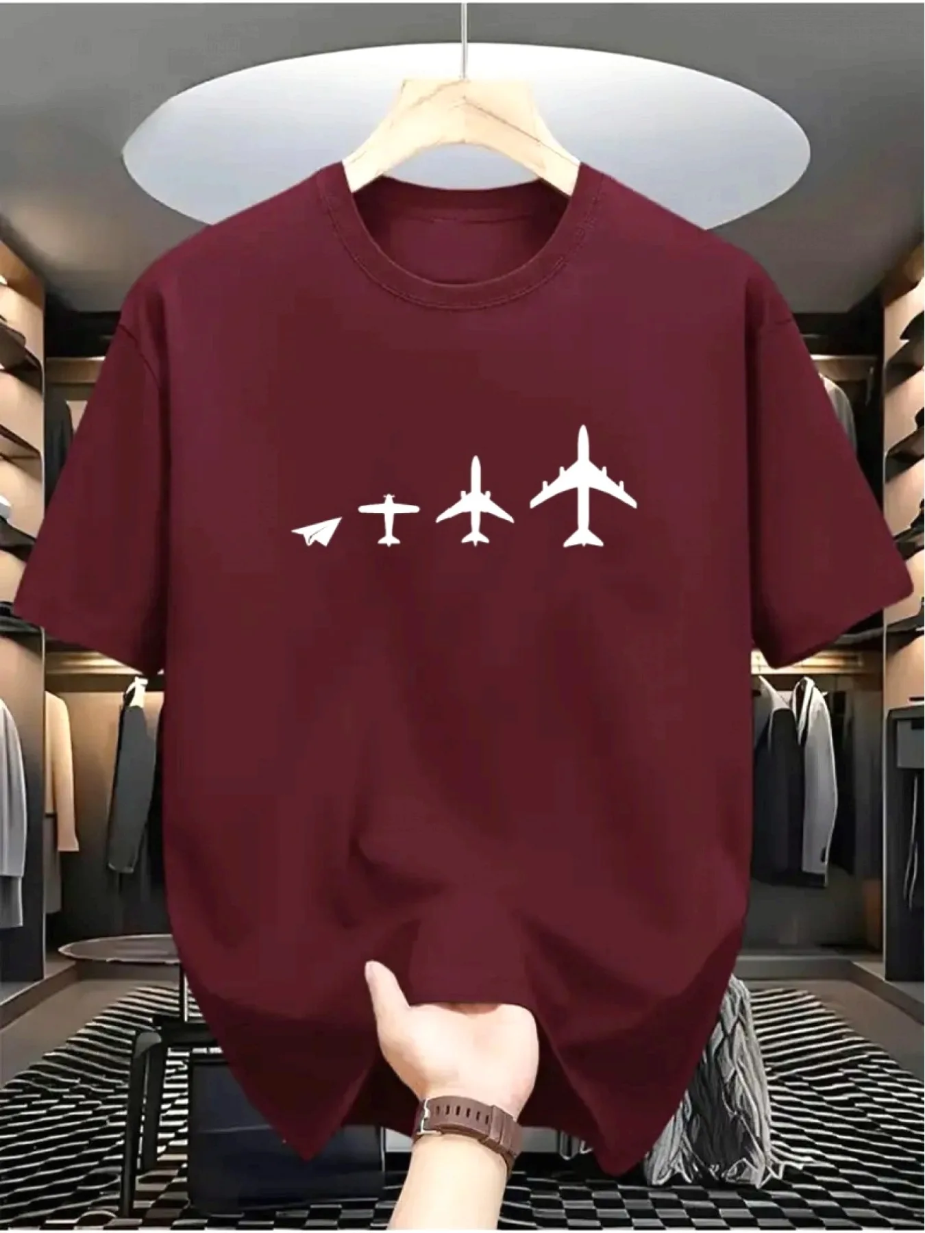 Men's Summer 100% Pure Cotton Fashionable Airplane Evolution Print Casual Loose Round Neck Short Sleeved T-Shirt Versatile Top