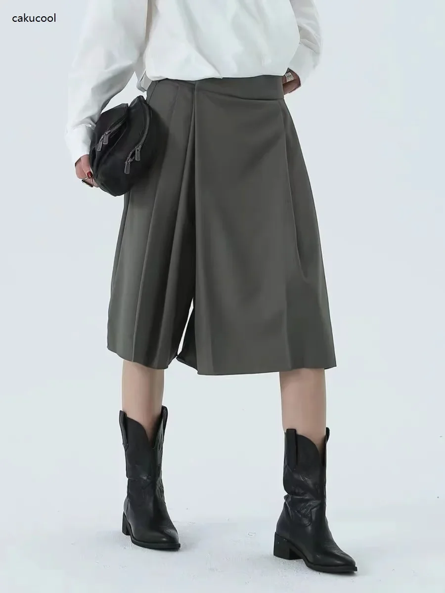 Cakucool Spring Summer Solid Grey Green Women's Loose Fashion Office Suit Pant Skirt Half Length Punk Designer Pants Skirt