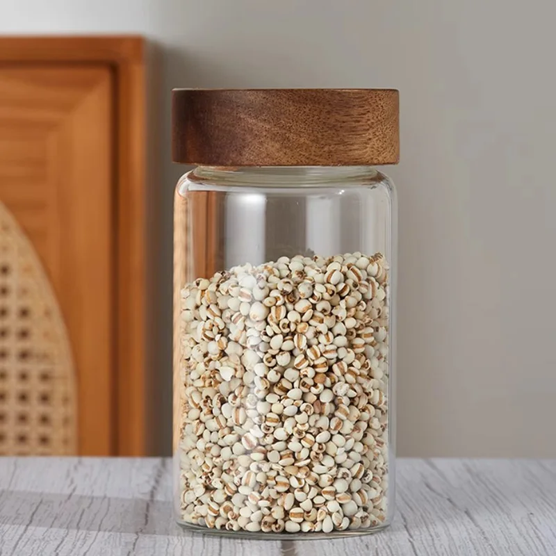 950ml Wood Lid Glass Airtight Canister Kitchen Storage Bottles Jars Food Container Grains Coffee Beans Grains Candy Containers