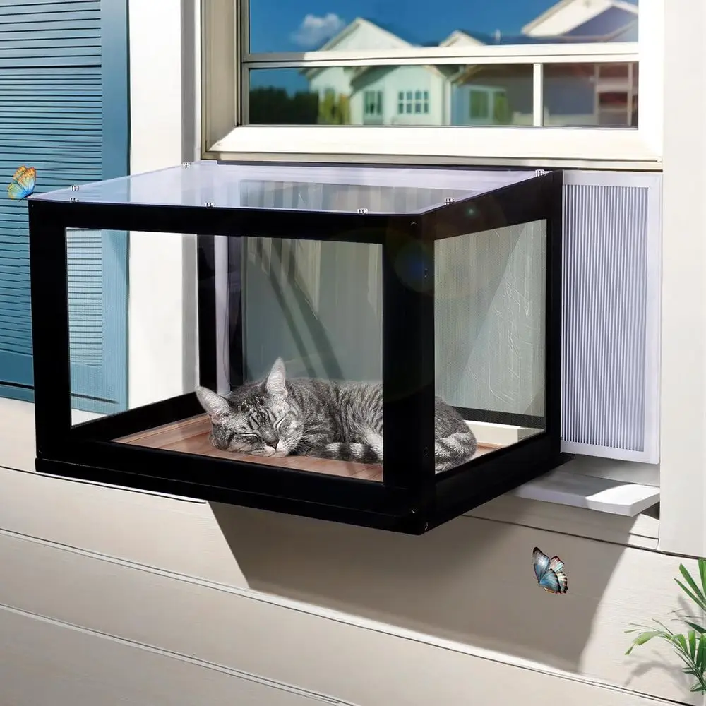 Cat Window Box Outdoor Catio with Wire Mesh and Removable PVC Panels, Sturdy Wood, Protective Design, Open View for Cats Napping
