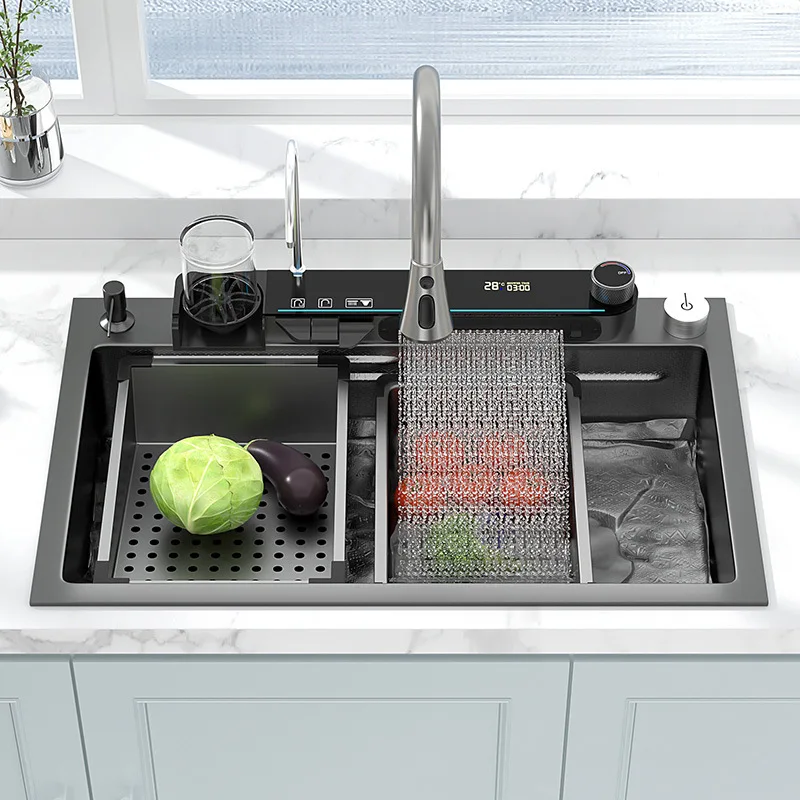 Waterfall Nano 304 Stainless Steel Dish Sink With Digital Display, Large Single Sink, Kitchen Sink, And Cup Washing