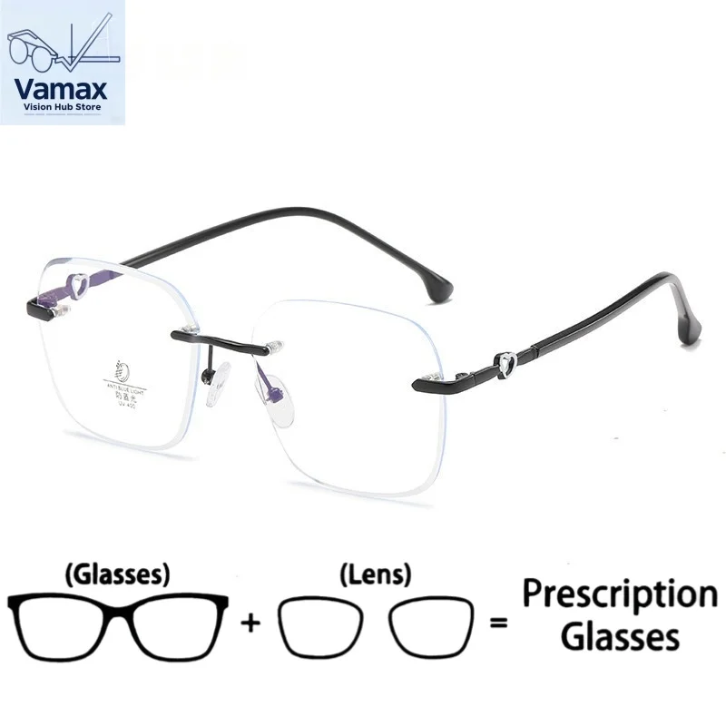 

VAMAX Frameless Metal Big Lens Eyeglasses Female Myopia Ready Prescription Unisex Face Slimming Blue Light Block