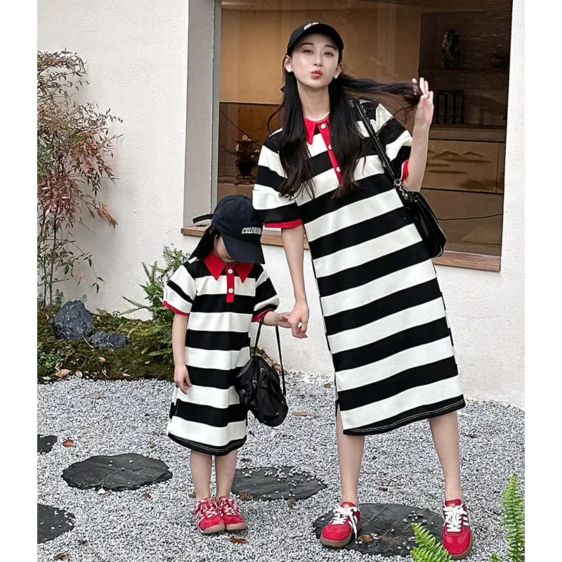 Mother Daughter Matching Dress Polo Collar Korean Mom and Baby Girls Striped Print Short Sleeve Dresses Mommy and Me Clothes