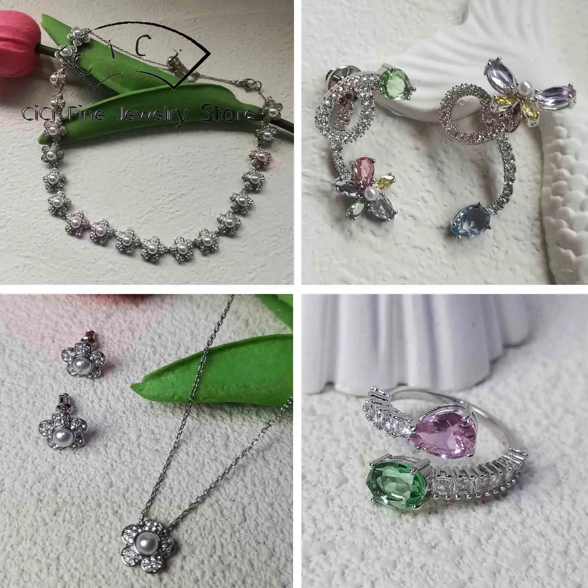 

Luxurious Pearl Flower Earring Necklace Bracelet Ring Original Fine Jewelry Set The Perfect Wedding Accessory for Charming Women